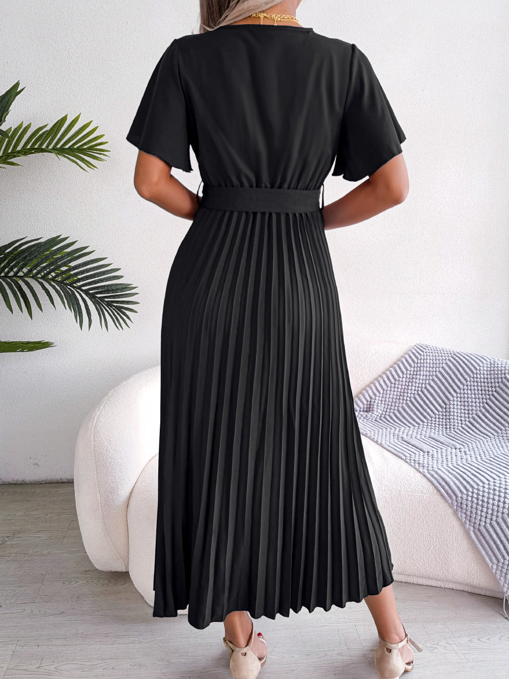 Women   Elegant Cross V Neck Flowy Pleated Maxi Dress