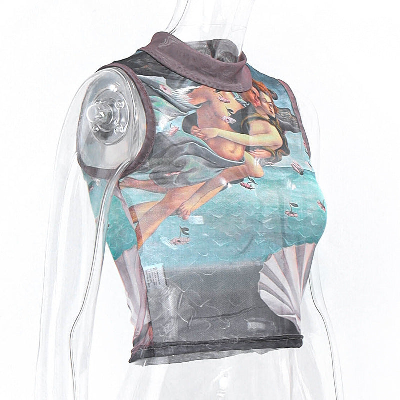 Afslappet vintage cropped tanktop med rullekrave og abstrakt print