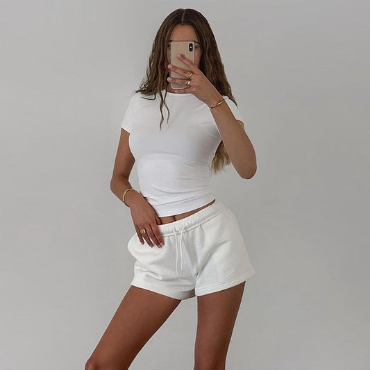 Solid Color Round Neck Short Sleeves Basic
