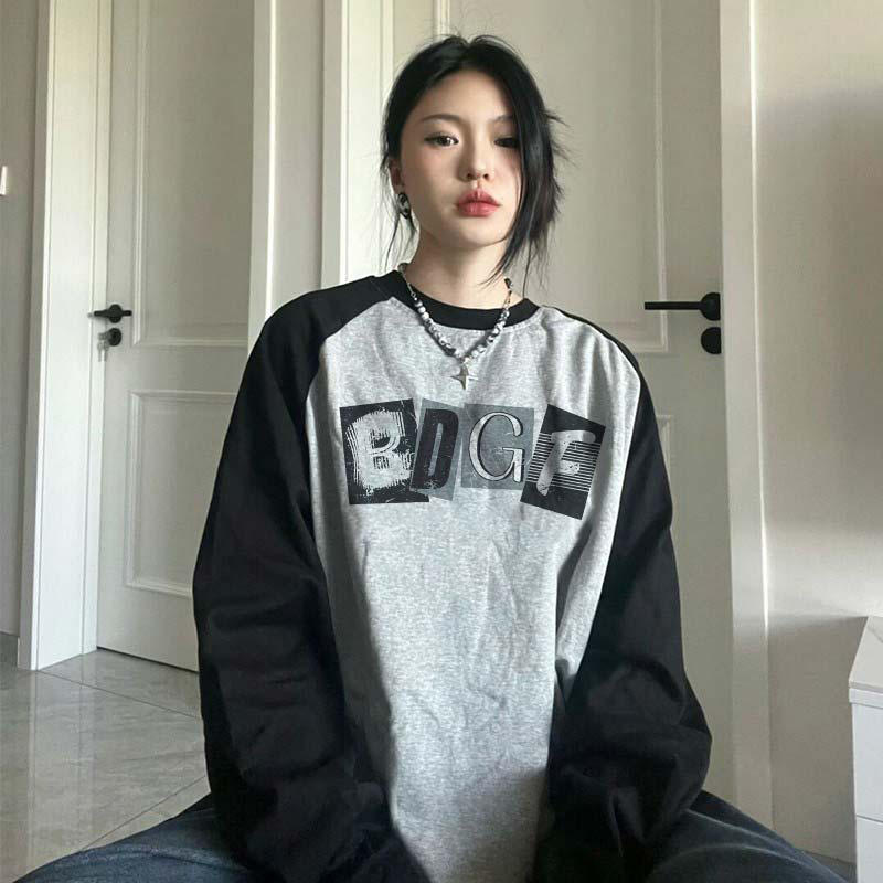 Female Black And Gray American-style Long-sleeved T-shirt Oversize Top