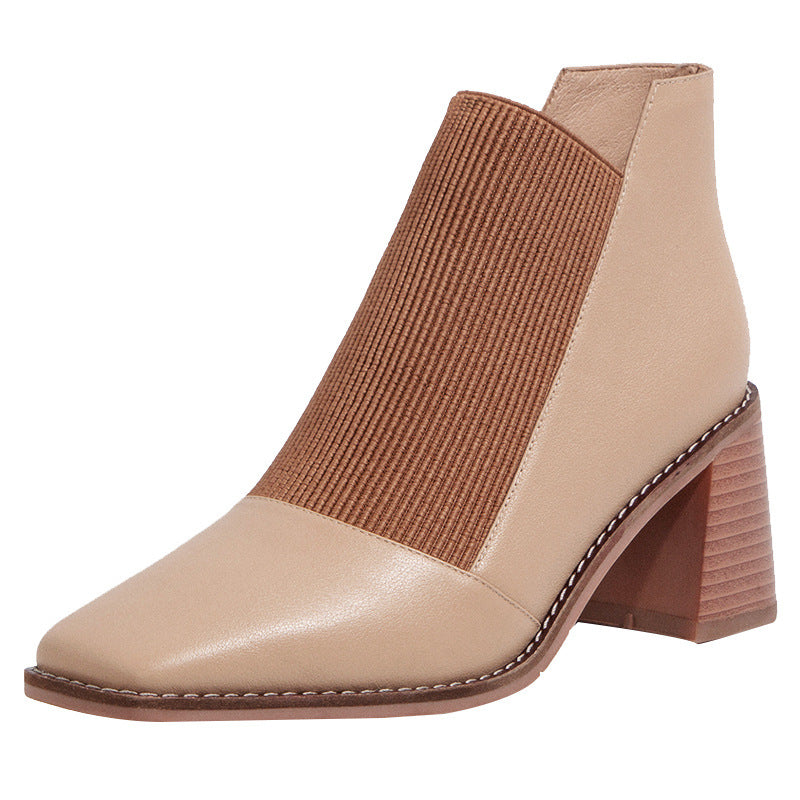 Chunky Heel Short Boots Simple Elastic Mid-heel