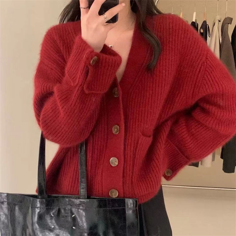 V-neck Soft Glutinous Sweater Single-breasted Loose Knitted Coat