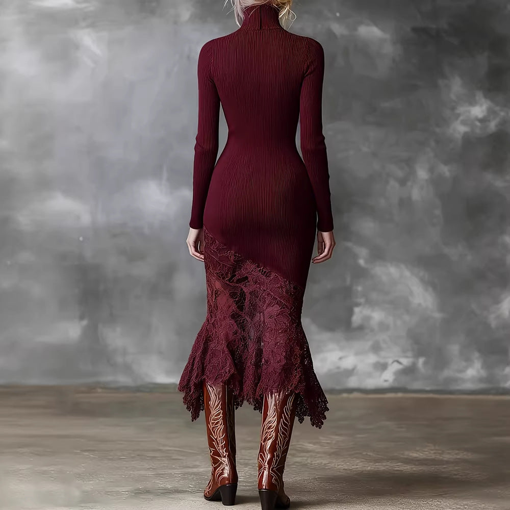 Turtleneck Knit Dress With A Lace Hema Sophisticated Mid-length Skirt