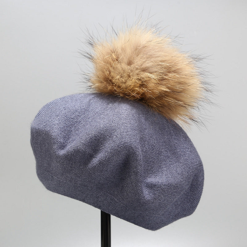 Ins Hat New Real Hair Ball Beret Women