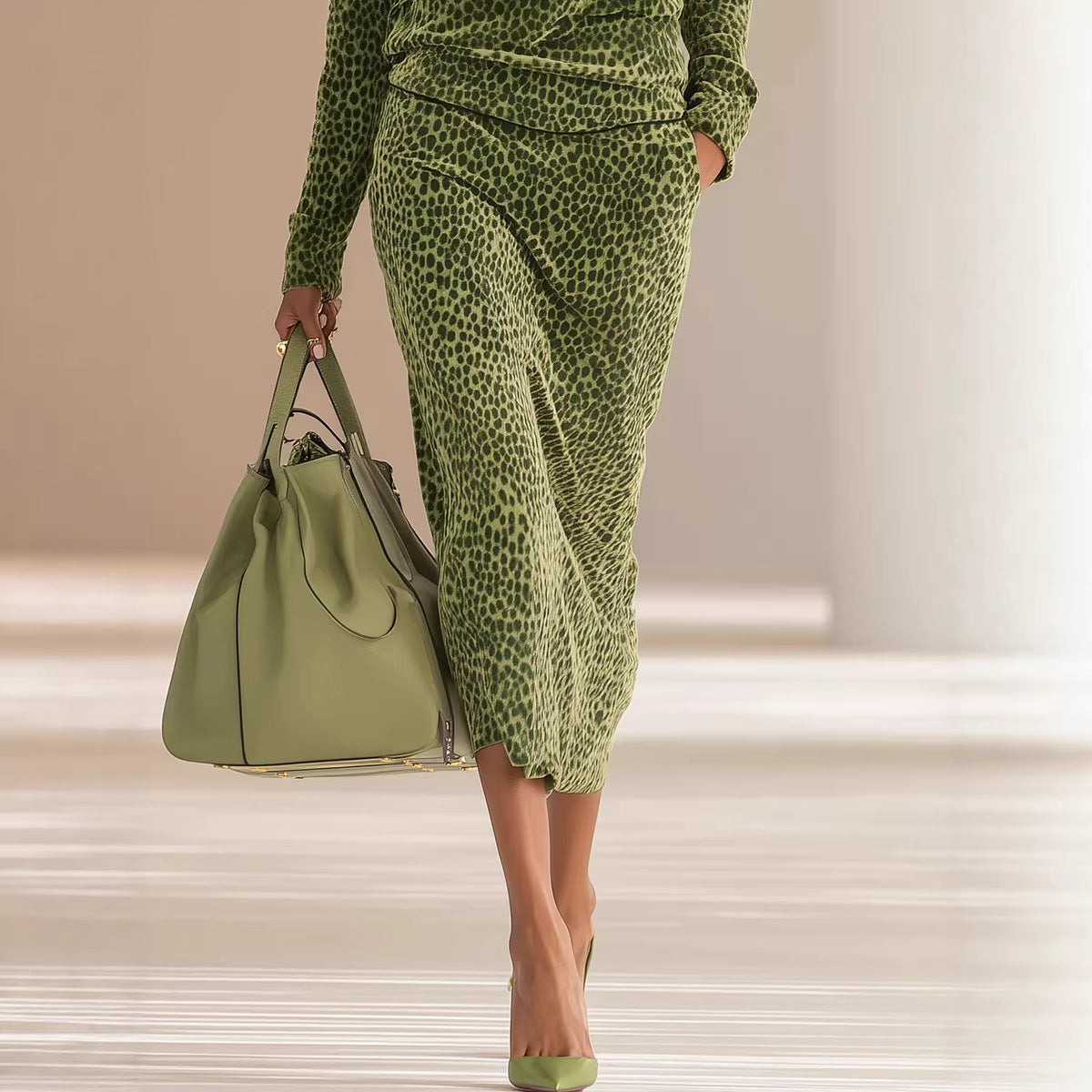 Womens Sporty Leopard-print Stand-collar Long-sleeve Top And Skirt Two-piece Set
