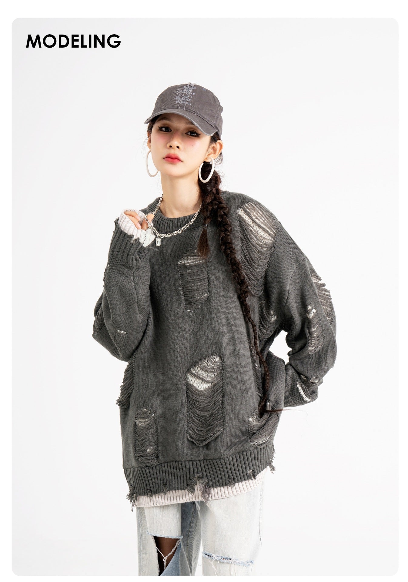 Fake Two-piece Hole Oversize Design Sense Idle Style Couple Sweater