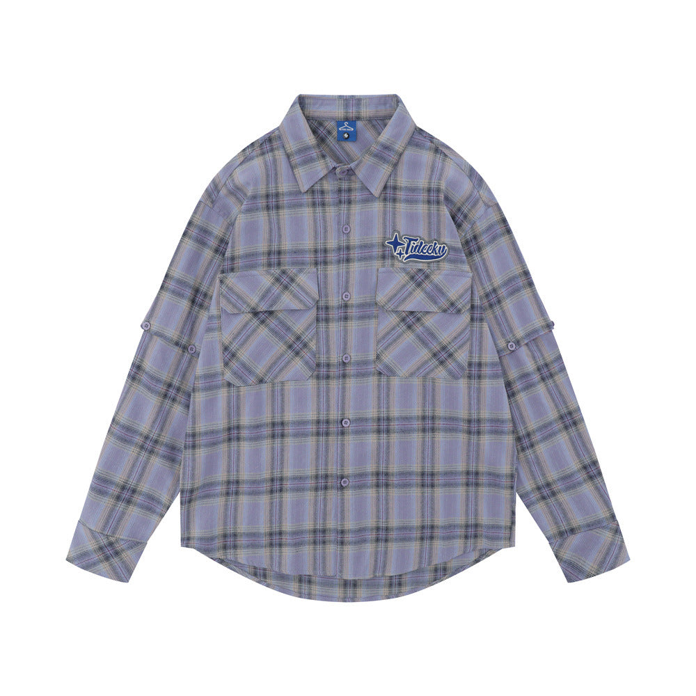 Plaid Long Sleeve Shirt Men's Sleeve Detachable Two-way Wear