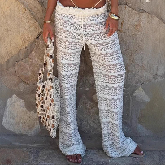 Womens Casual Hollow-Out Lace Patchwork Jacquard Knit Pants