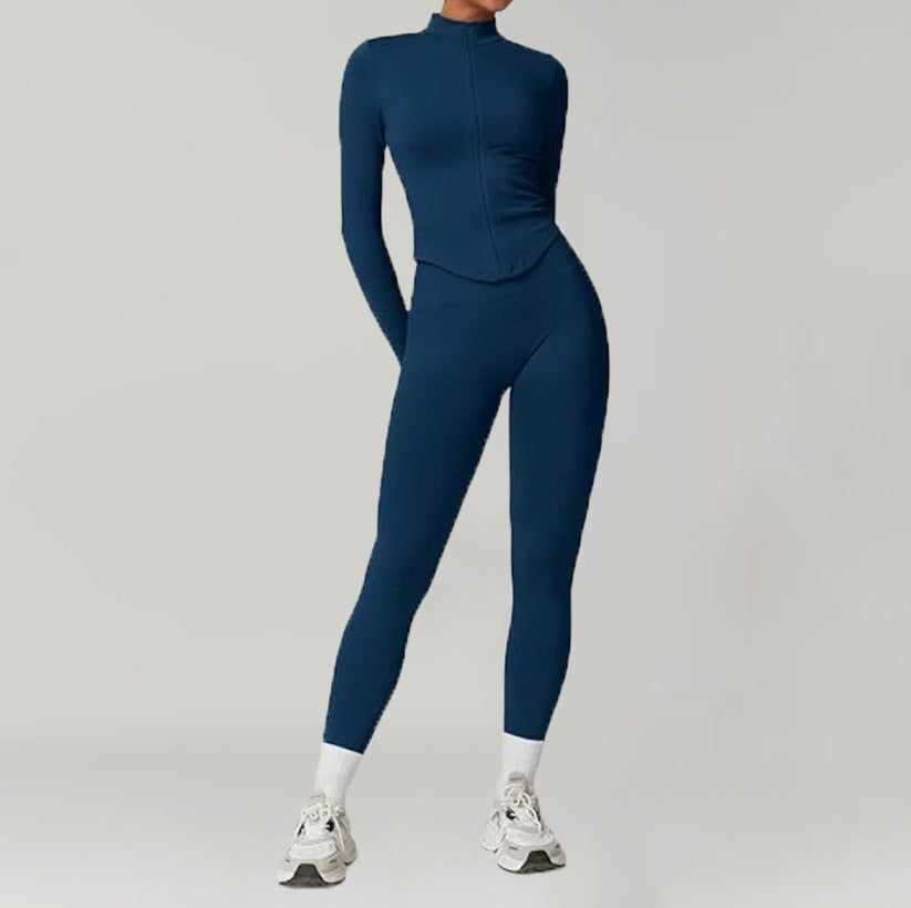 Stand-up Collar Zip-up Long-sleeve Yoga Jacket Workout Set