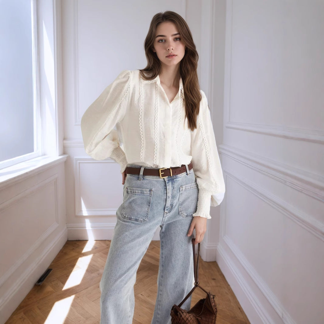 Lantern Sleeve Lace-trimmed White Blouse
