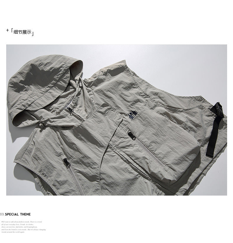 College Style Loose Hooded Windproof Fishing Vest Jacket