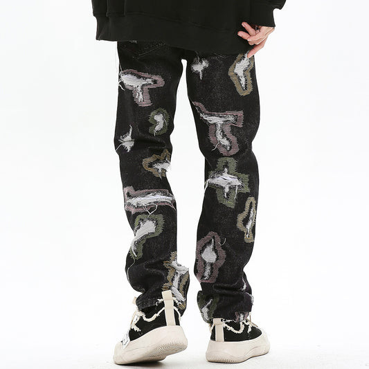 Color Contrast Ripped Embroidered Jeans American Style