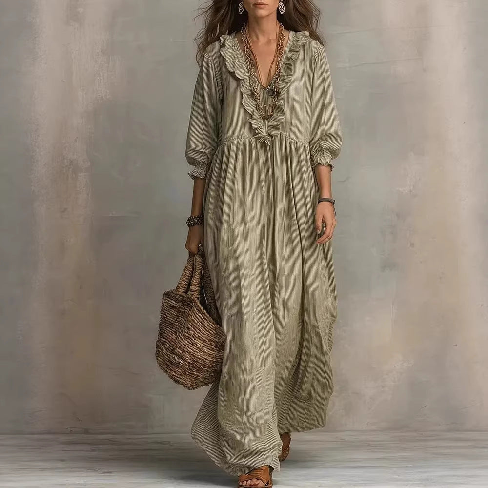 Womens Striped Ruffle-Trimmed Loose High-Waist V-Neck Dress