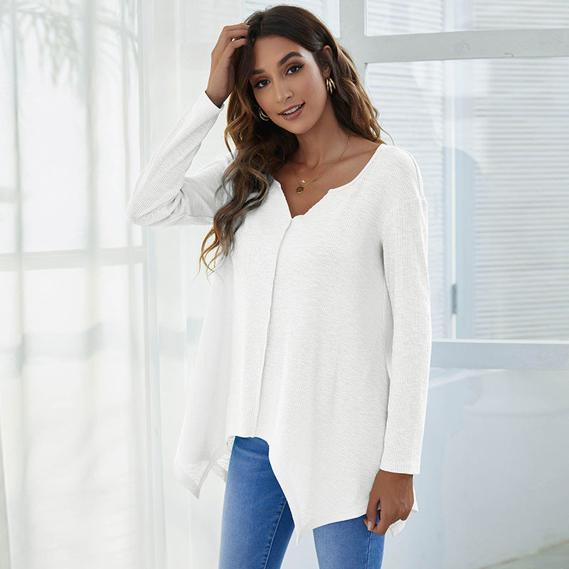 V-neck Irregular Casual Slub Cotton European And American T-shirt Women