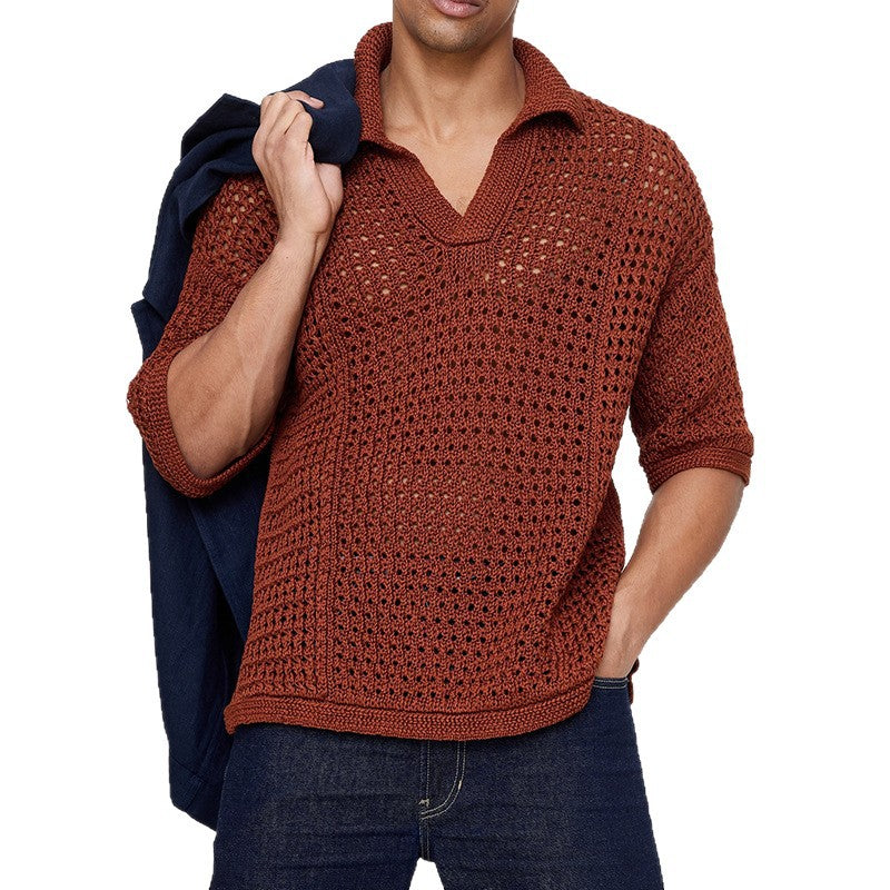 Hollow-out Mesh Knitted Short-Sleeve Polo Shirt T-Shirt