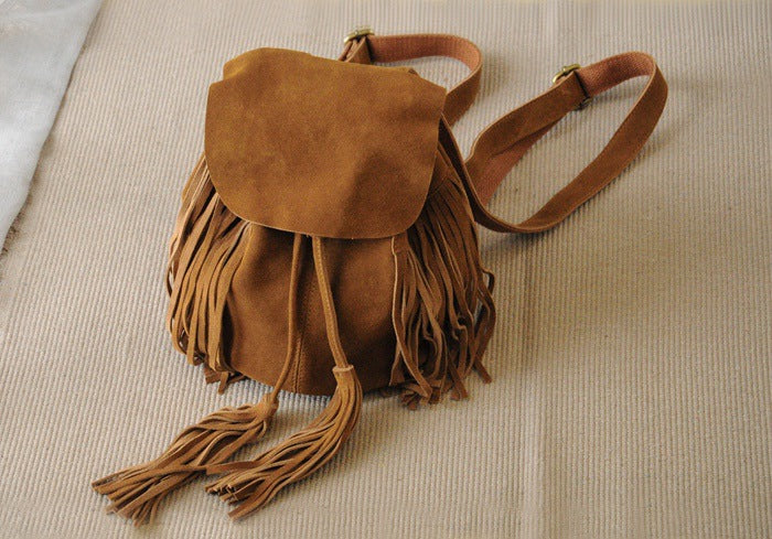 Matte Cowhide Suede Tassel Drawstring Backpack