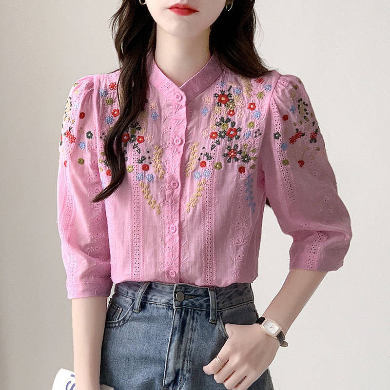 Women's Shirt Vintage Embroidered Jacquard Shirt Fresh Romantic Gentle Stand-up