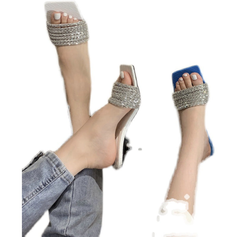 Korean Style Flip Flops Rhinestone Slippers Woven Pattern Toe Stiletto