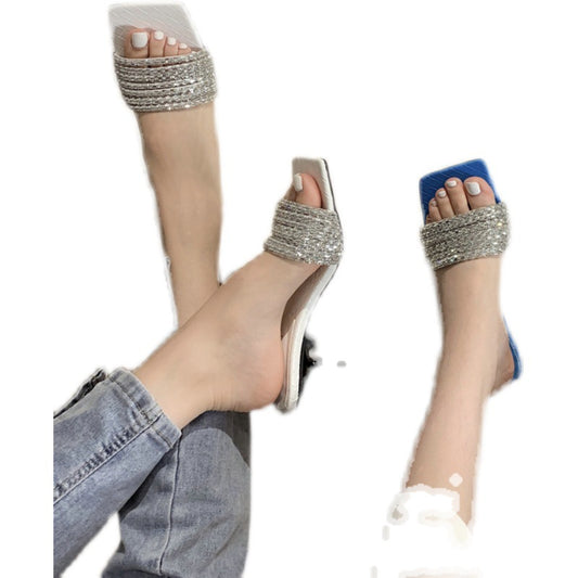 Koreansk stil klipklappere, rhinestoneslippers, vævet mønster, tå-stilethæl