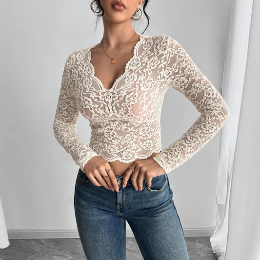 Ensfarvet sexet blonde V-hals langærmet T-shirt