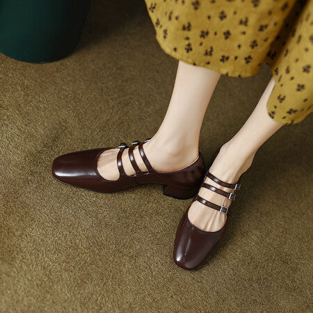 Women's Round Toe Chunky Retro Mid Heel Shoes