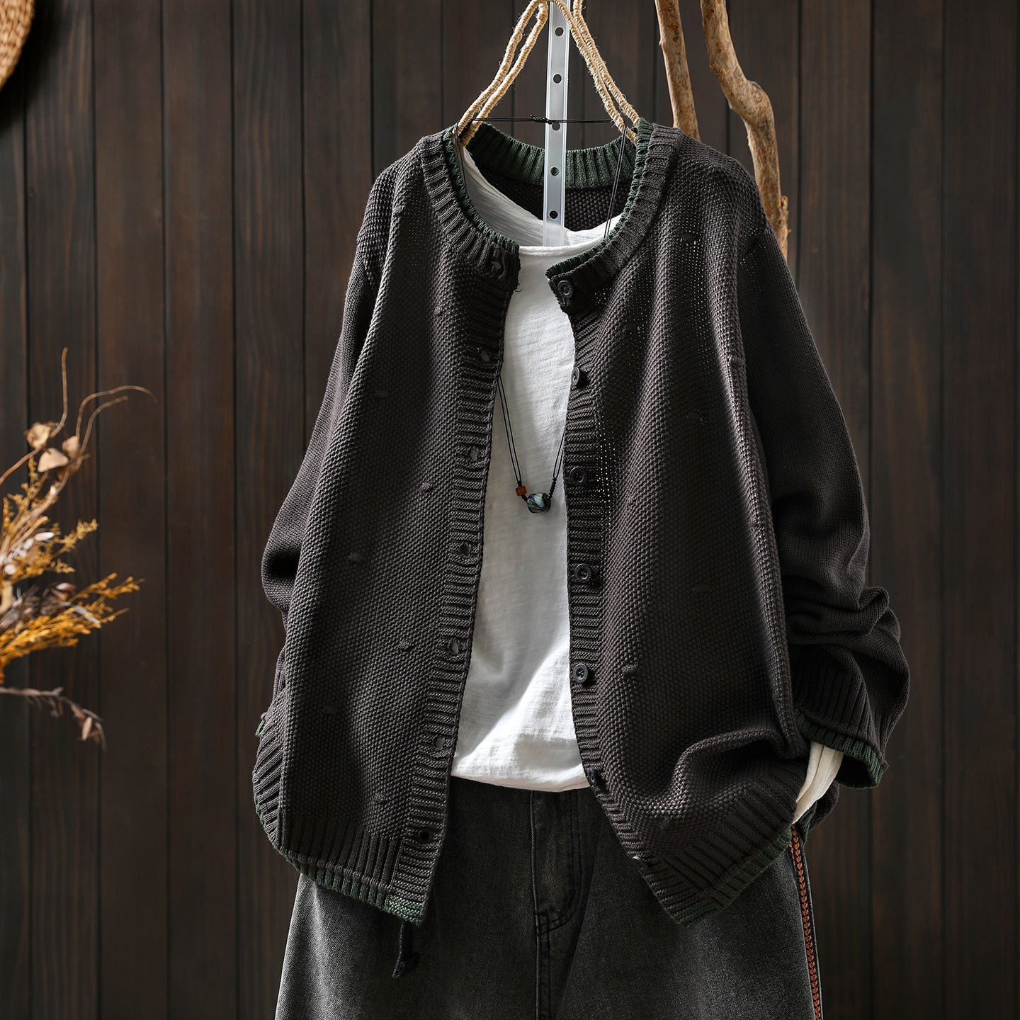 Women's Cardigan Sweater Coat Color Block Cotton Thread Knitting Retro Casual