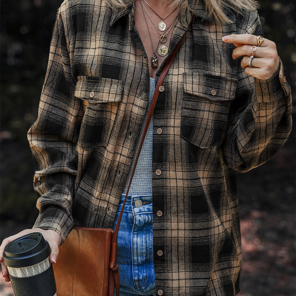 Women's Multi-color Retro Plaid Double-layer Flip Pocket Shirt