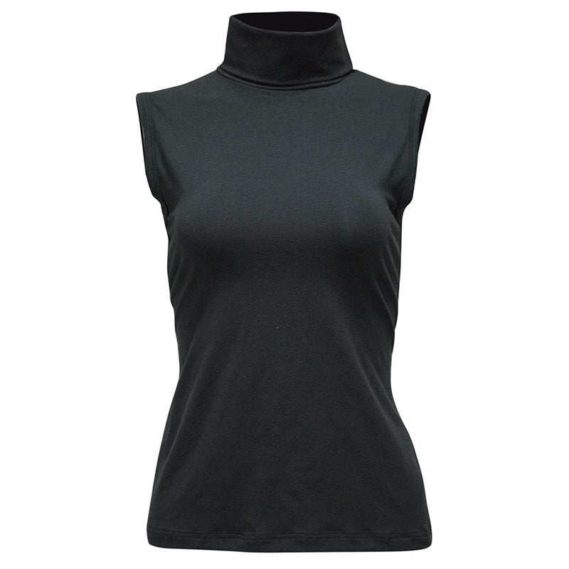 Women's Turtleneck Sleeveless Stretch Cotton T-shirt Vest