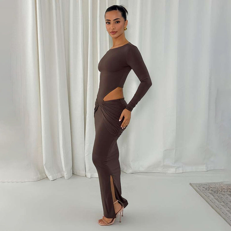 Solid-color Hollow-out Sexy Side-slit Long-sleeve Dress