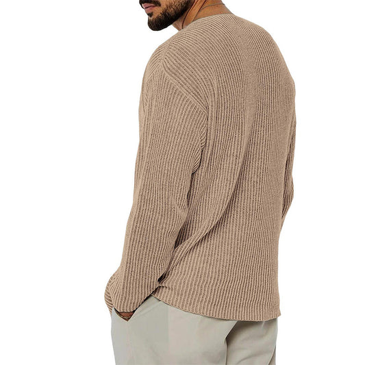 Europæisk og Amerikansk V-hals Sweater Herre Ensfarvet Langærmet Moderigtig Strikket Sweater