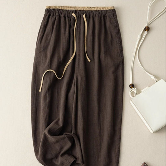 Womens Retro Korean-Style Simple Cotton-Linen Wide-Leg Casual Pants