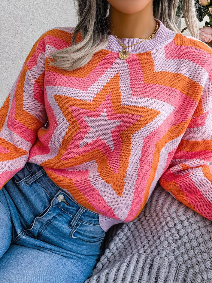 Women Fashion Color Block Star Long Sleeve Pullover Sweater