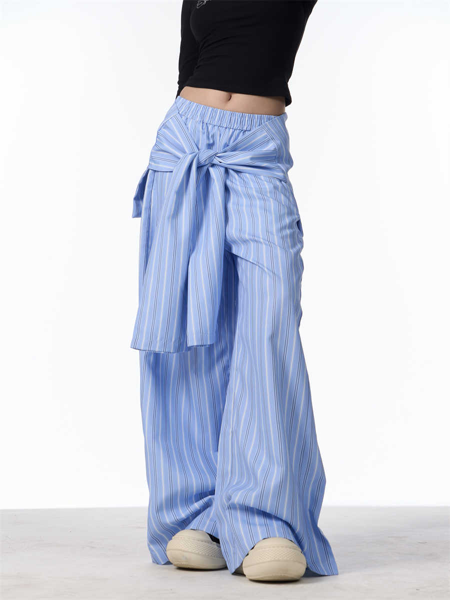 Retro Contrast Color Striped Wide-leg Pants Female Loose Casual Trousers