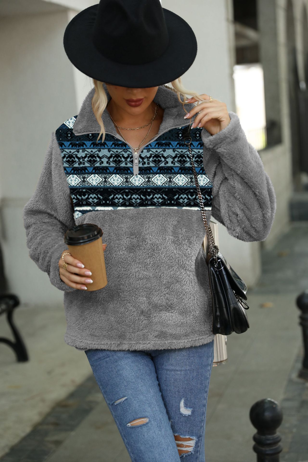 Ladies Loose Pullover Geometric Print Round Neck Plush Sweatshirt
