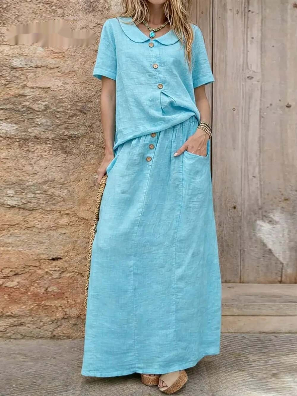 Womens Casual Solid-Colored Cotton-Linen Loose Two-Piece Skirt Set