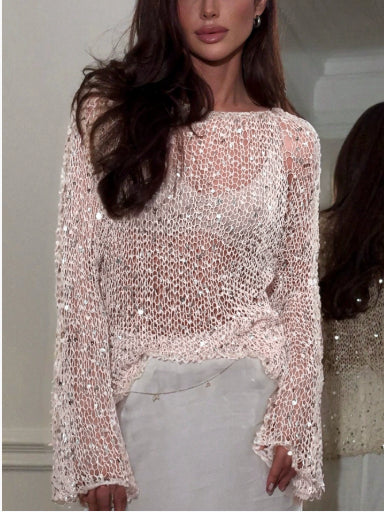 Sequined Hollow-out Long-sleeved Top Casual Style Loose Knitted