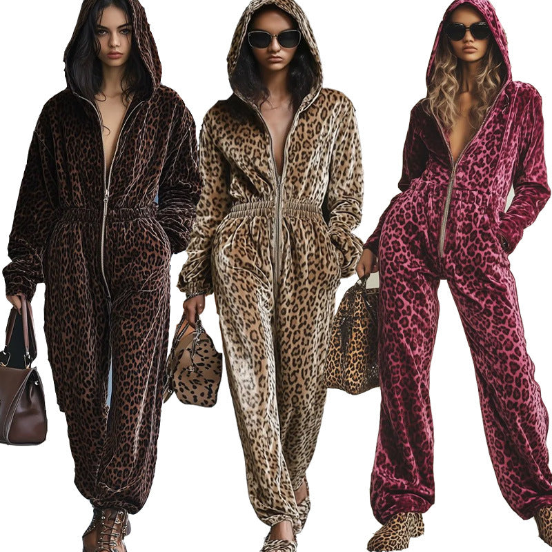 Womens Hooded Long-sleeve Leopard-print Jumpsuit With Long Pants