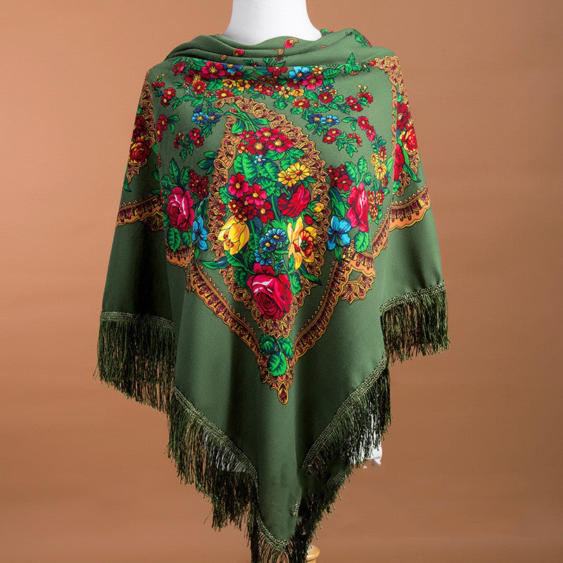 Large Square Scarf Shawl With Ethnic Print Tassels To Keep Warm