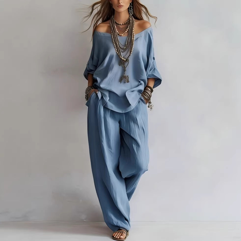 Women's Casual Loose Top And Wide-Leg Pants Set
