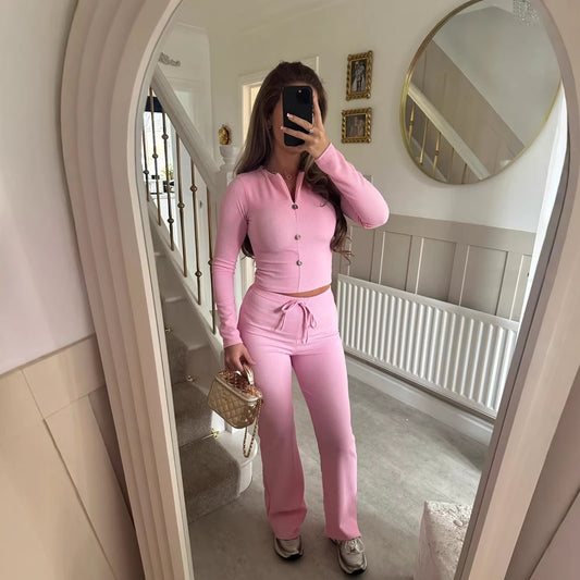 Womens Long-Sleeve Sexy Small V-Neck Solid-Color Top And Wide-Leg Pants Two-Piece Set