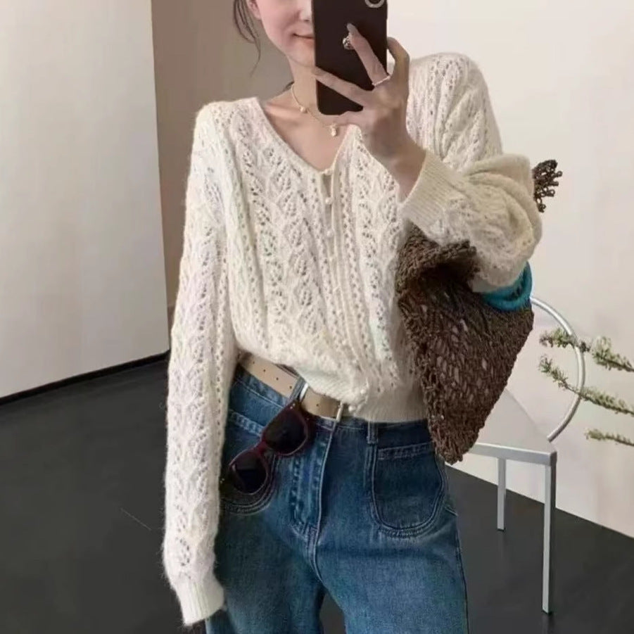 Women's Solid Color Hollow Crocheted V-neck Long-sleeve Knitwear