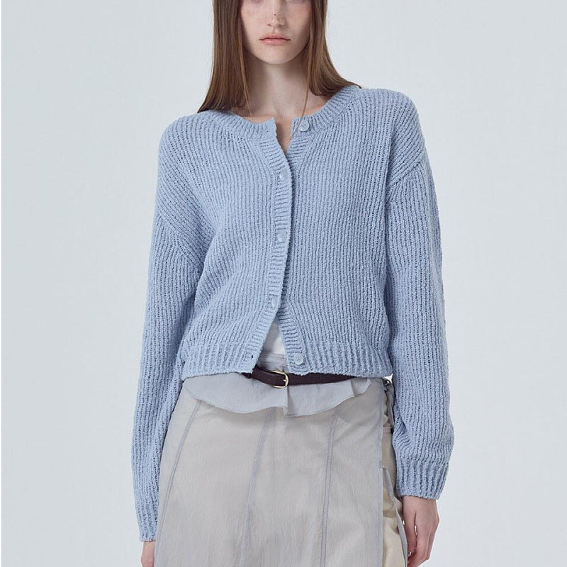 Women's Long Sleeve Round Neck Button Solid Color Sweater