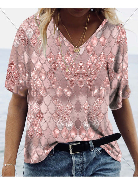 3D Printed Loose V Neck Short Sleeve T Shirt Top