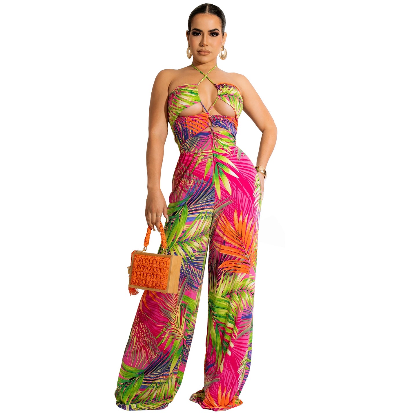 Women's Fashion Digital Print Wrap Chest Wide Leg Pants
