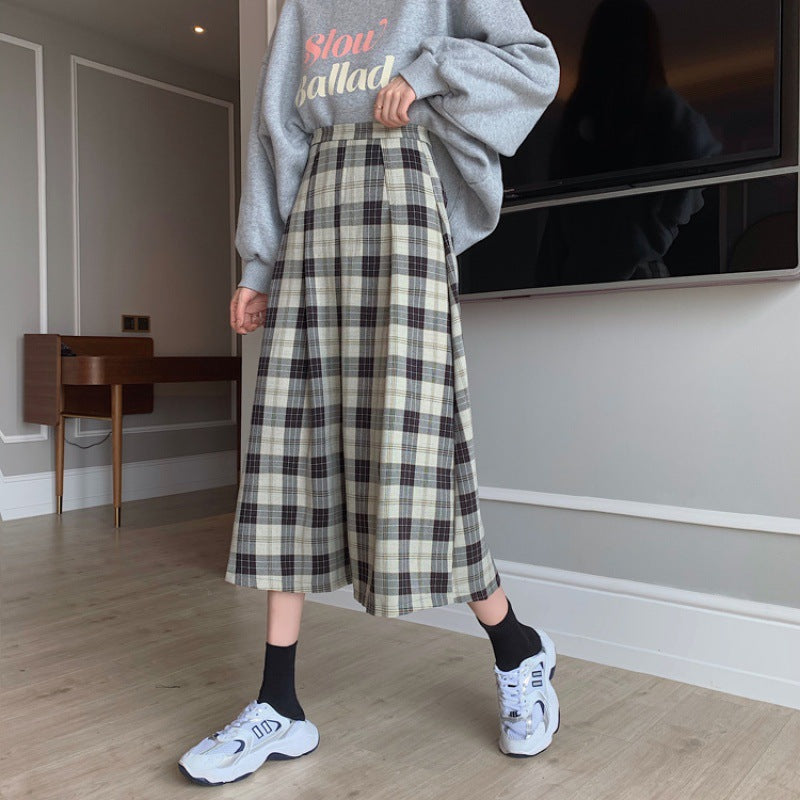 Women's High Waist Plaid Versatile Student Skirt