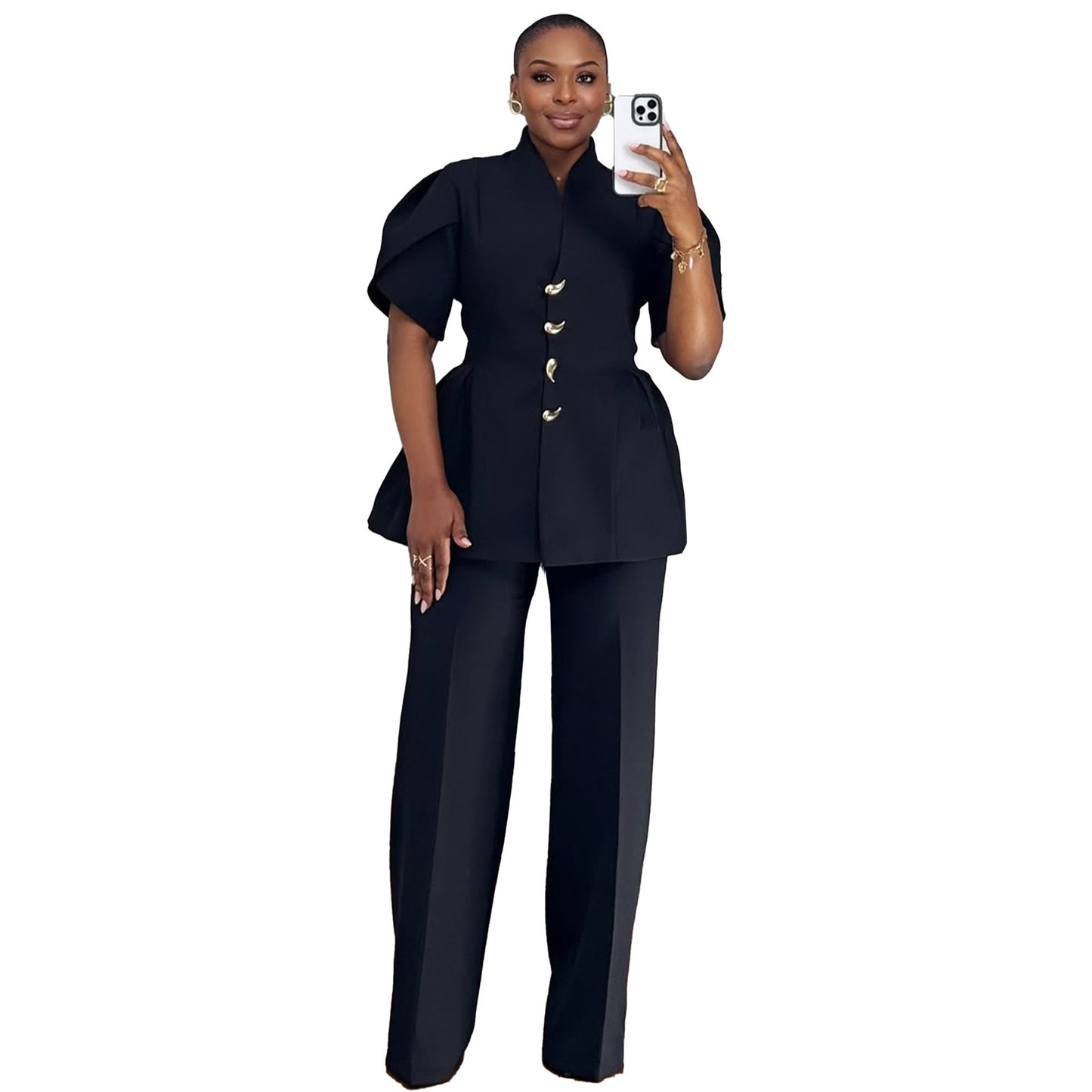 Elegant Commuter Two-Piece Set Womens Top With Bud Sleeves And Pants