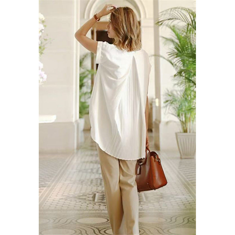 Women's Loose V-neck Short Sleeve Pleated Irregular Stitching Shirt