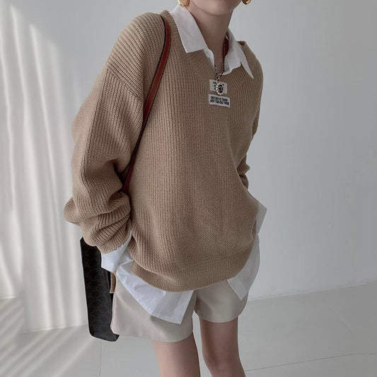 Women's Korean Style Casual V-neck Loose Pullover Sweater