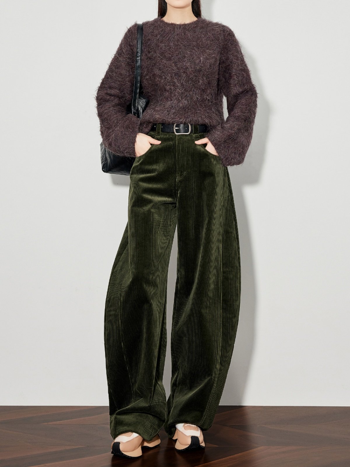 Womens Green Corduroy Casual Pants Wide-leg Style