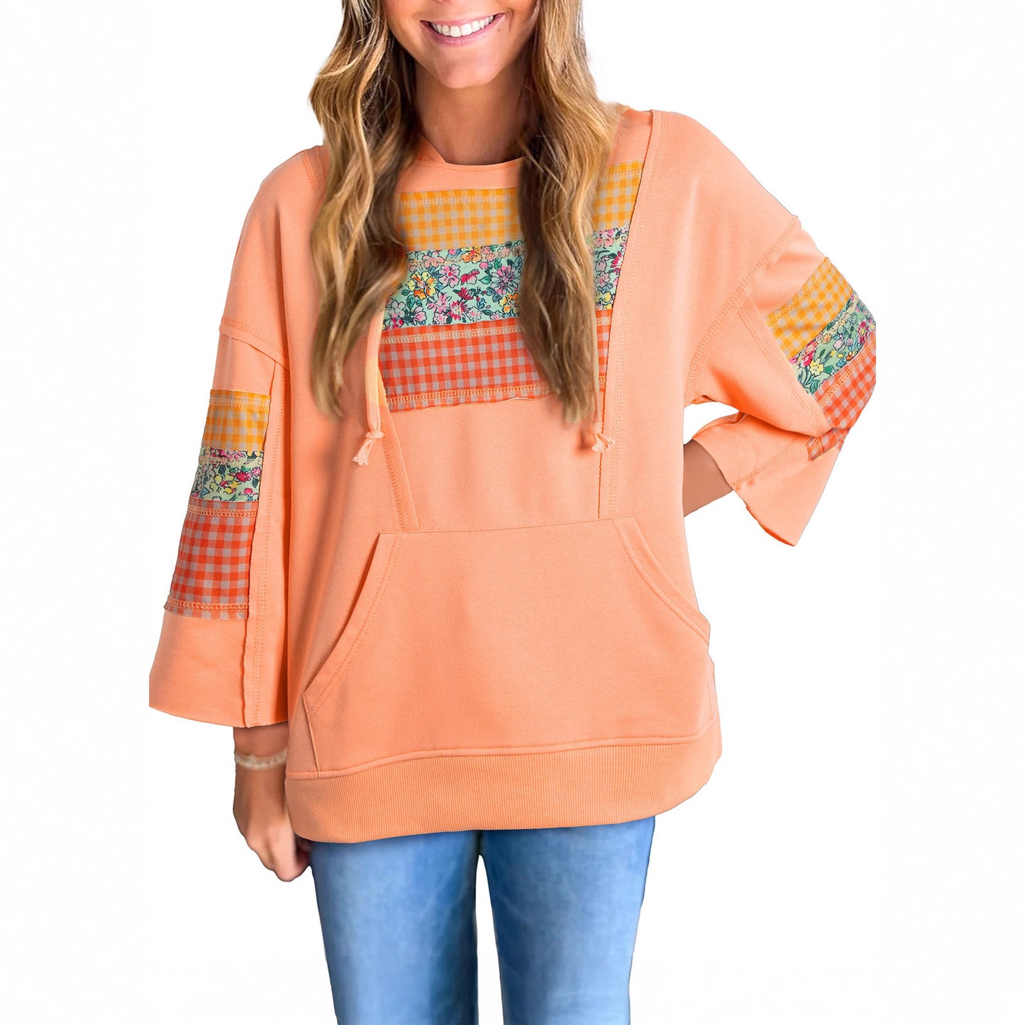 Retro Plaid Hooded Women's Contrast Color Sweatshirt
